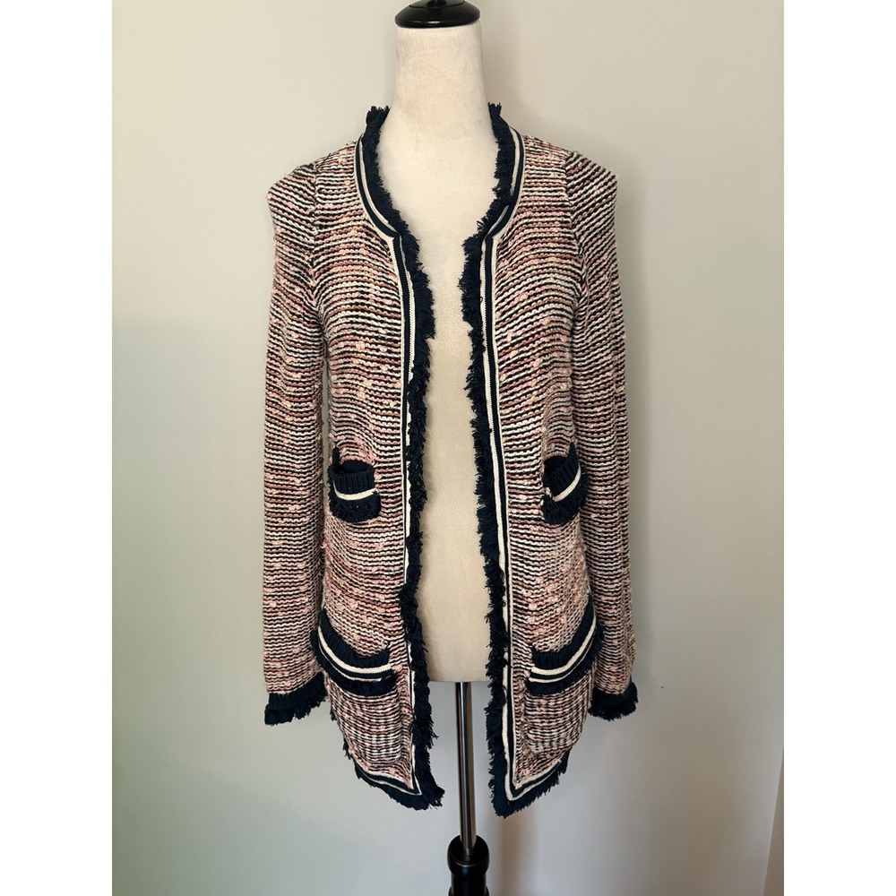 Anthropologie Moth Grafton Knit Tweed Cardigan Jacket Fringe Pocket Blue Medium